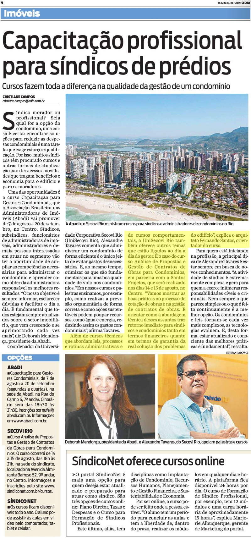Jornal O Dia – Capacitação profissional para síndicos