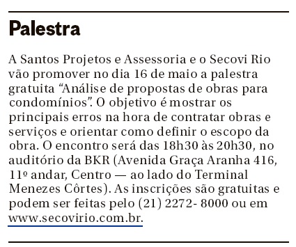 O Globo – palestra Secovi Rio/Santos Projetos