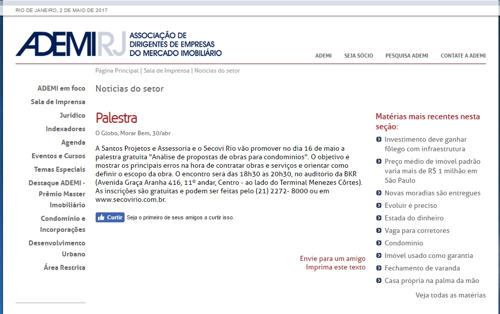 Ademi-RJ – palestra Secovi Rio/Santos Projetos
