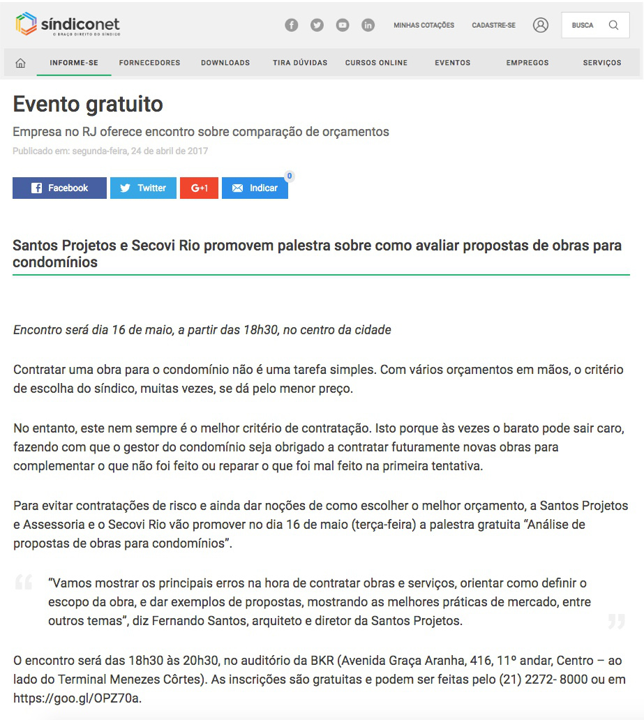 Portal SíndicoNet – palestra Secovi Rio/Santos Projetos