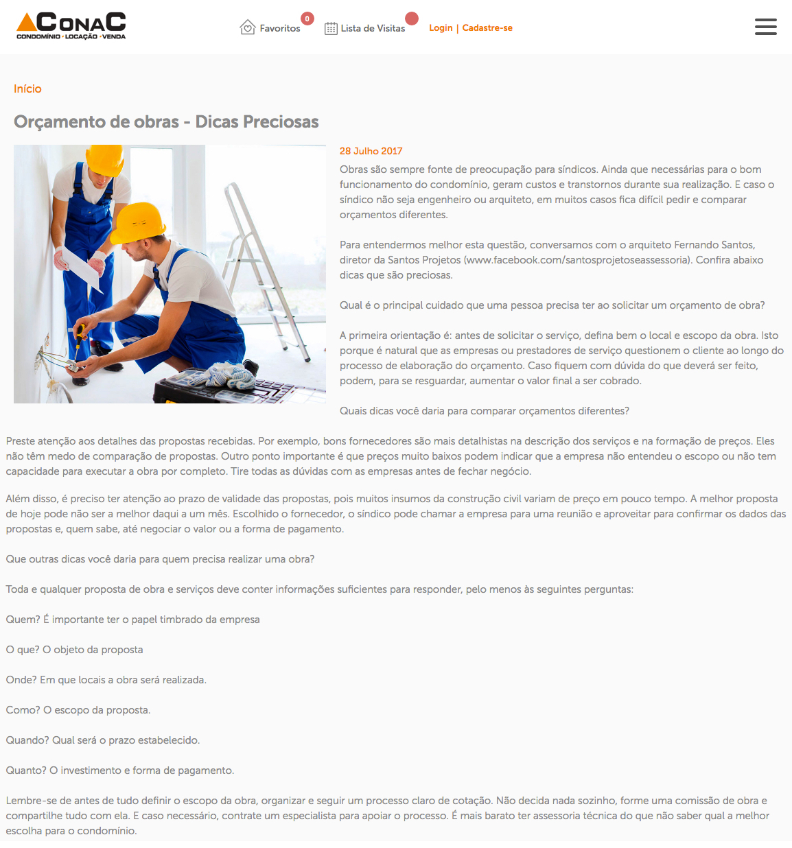 Portal Imobiliária Conac – Orçamento de obras