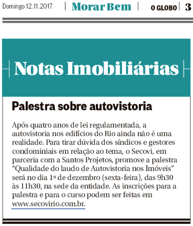 Jornal O Globo (Morar Bem) – nota Palestra sobre autovistoria
