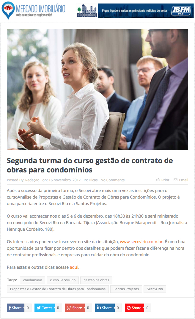 Portal Mercado Imobiliário – nota Segunda turma do curso gestão de contrato de obras para condomínios