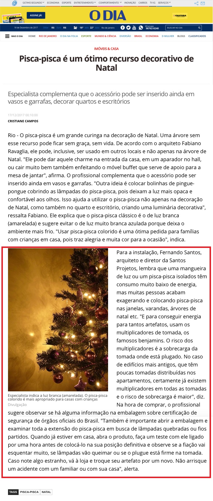 Jornal O Dia Online – matéria Pisca-pisca é um ótimo recurso decorativo de Natal
