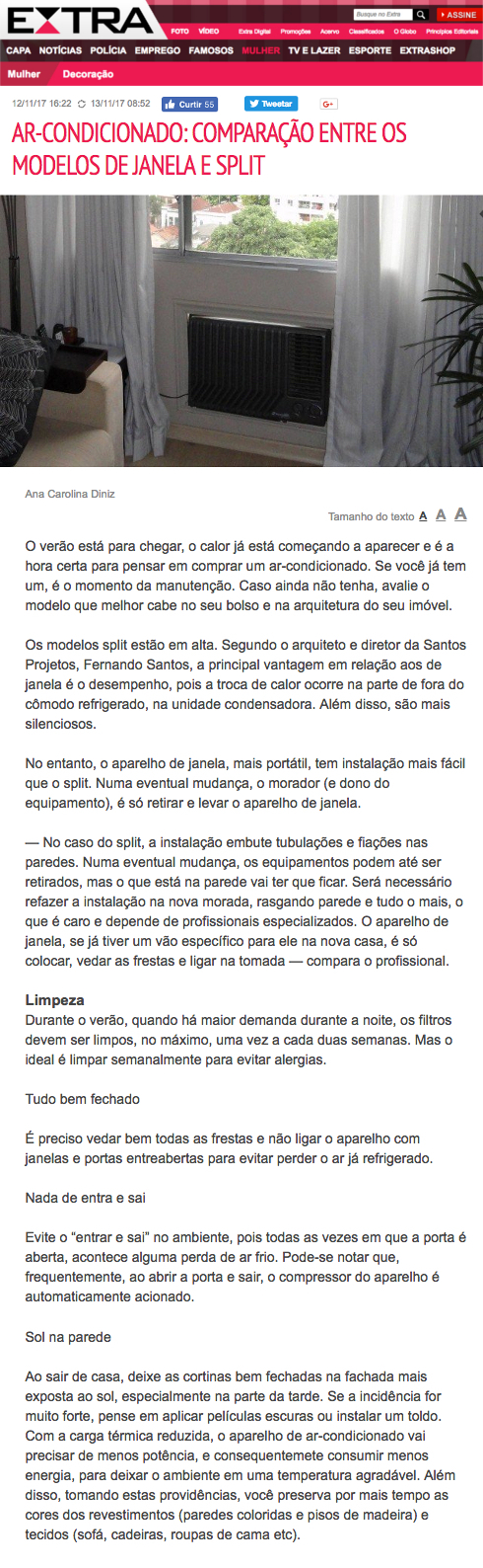 Jornal Extra Online – Ar-condicionado: comparação entre os modelos de parede e split