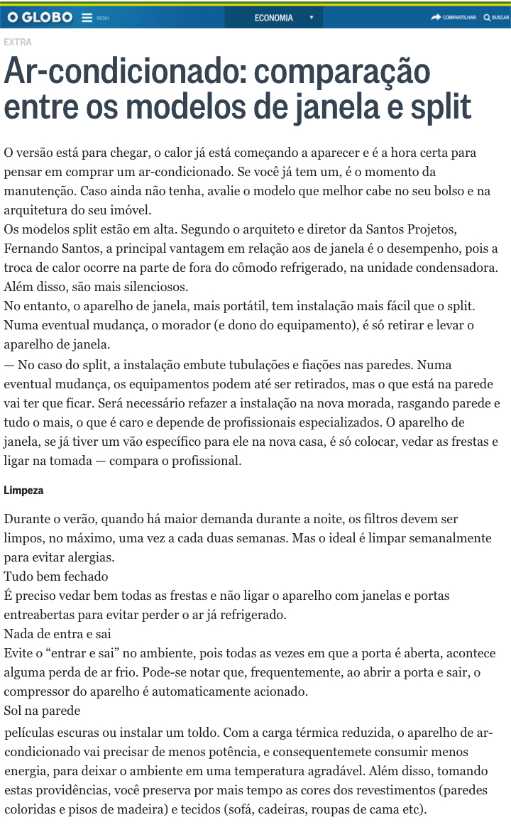 Jornal O Globo Online – Ar-condicionado: comparação entre os modelos de janela e split