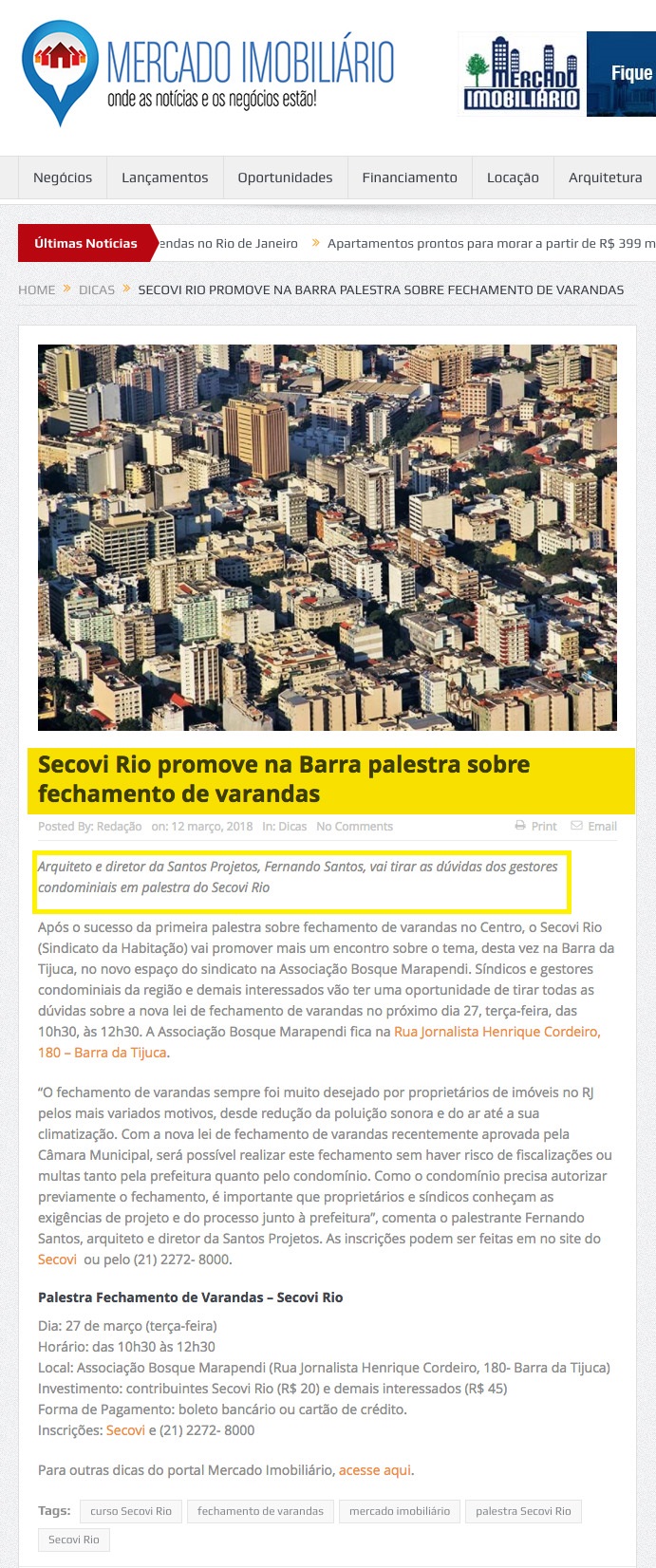Portal Mercado Imobiliário – Secovi Rio promove na Barra palestra sobre fechamento de varandas