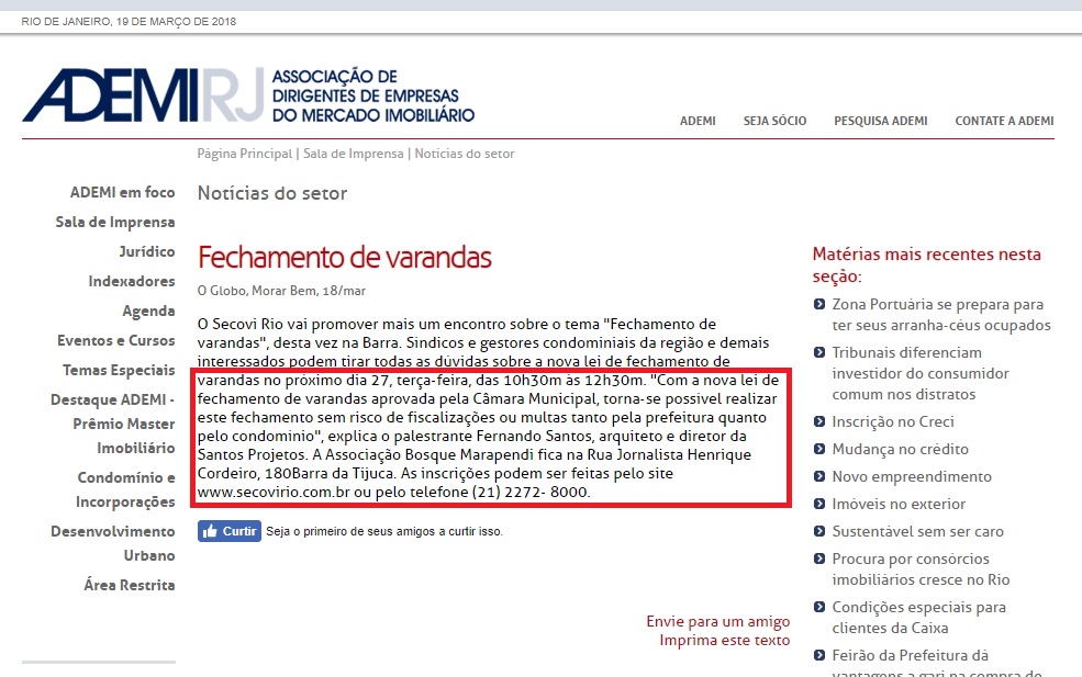 Portal Ademi-RJ – nota Fechamento de varandas