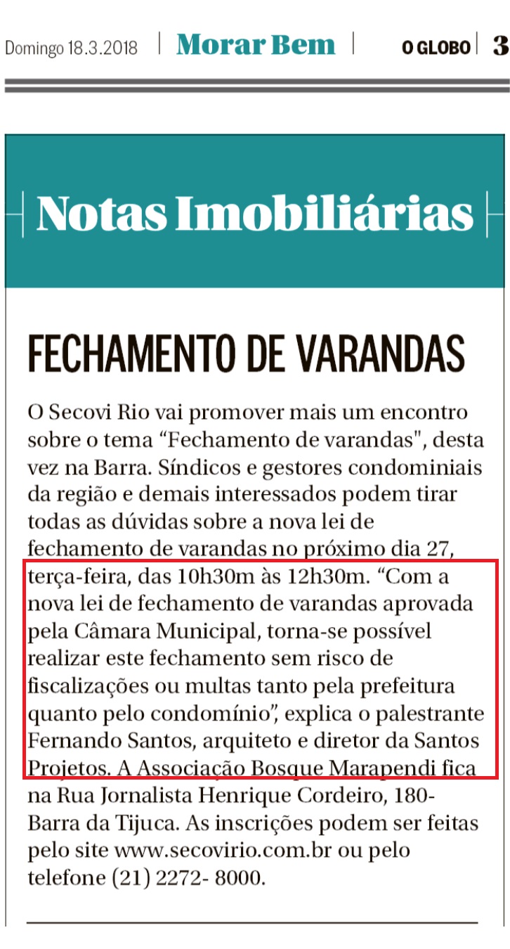 Jornal O Globo (Morar Bem) nota Fechamento de varandas