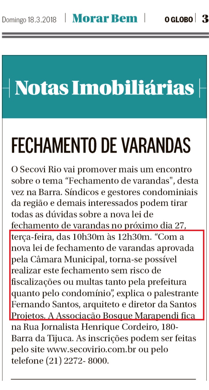 Jornal O Globo (Morar Bem) nota Fechamento de varandas