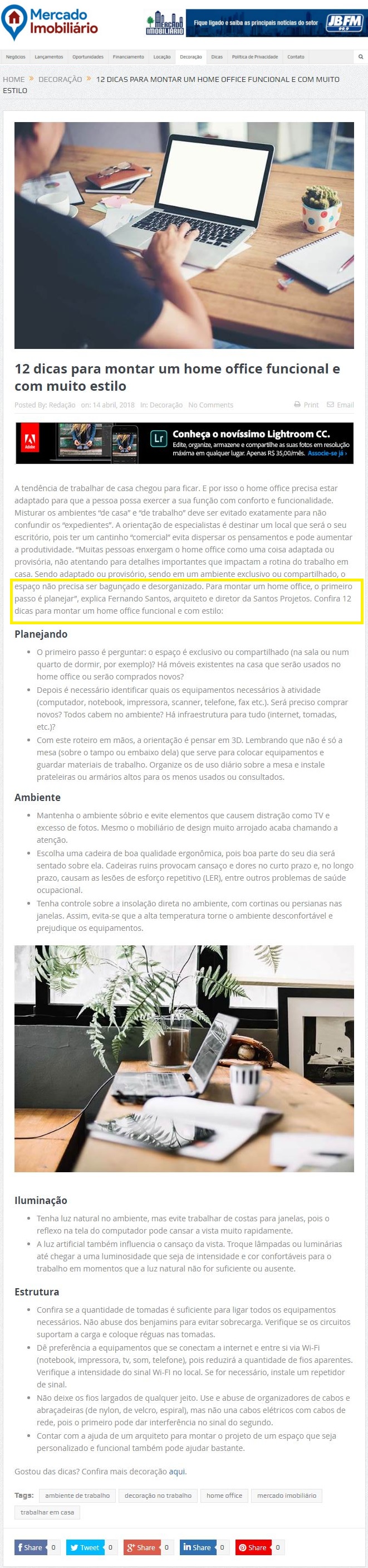 Portal Mercado Imobiliário – matéria 12 dicas para montar home office