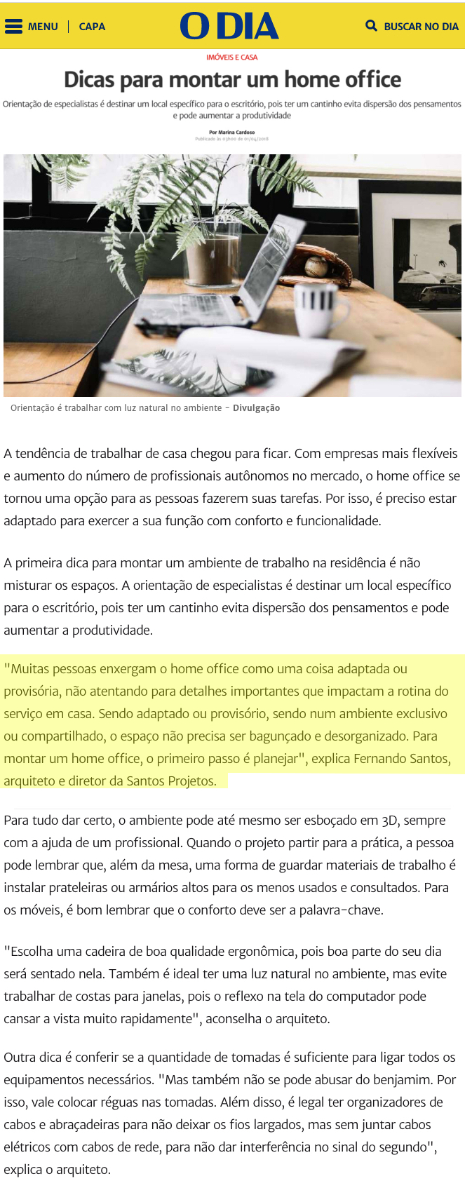 O Dia Online – matéria Dicas para montar um home office