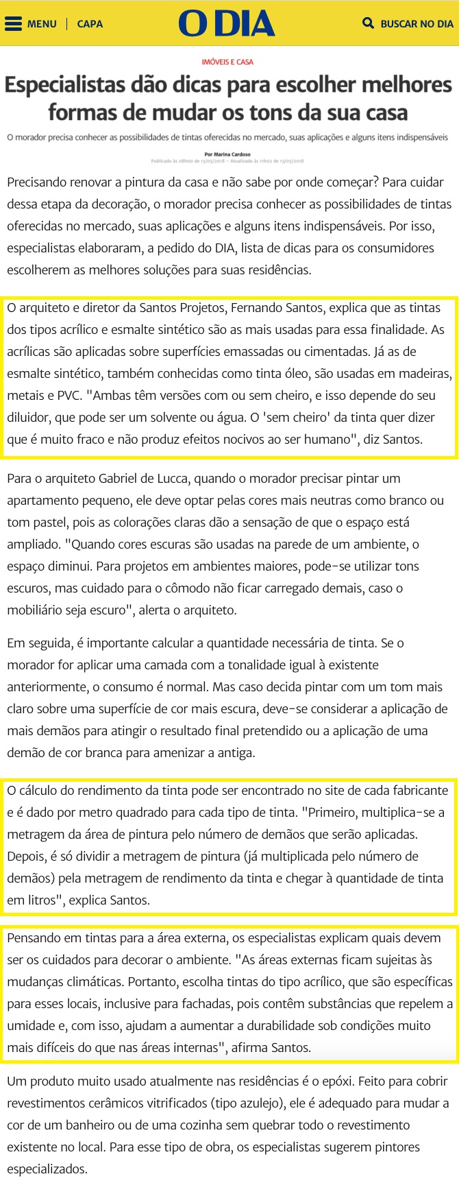 O Dia Online – matéria Especialistas dão dicas para escolher melhores formas de mudar os tons da sua casa