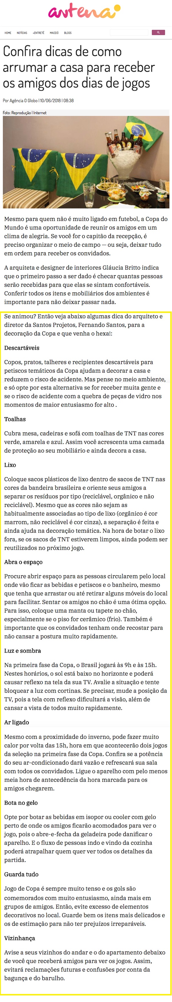 Portal Antena Crítica – matéria Confira dicas de como arrumar a casa para os amigos nos dias de jogos