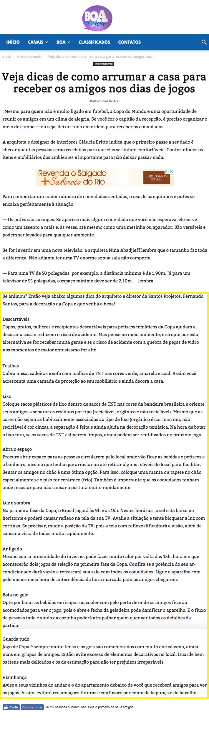 Portal Boa Informação – matéria Veja dicas de como arrumar a casa para receber os amigos nos dias de jogos