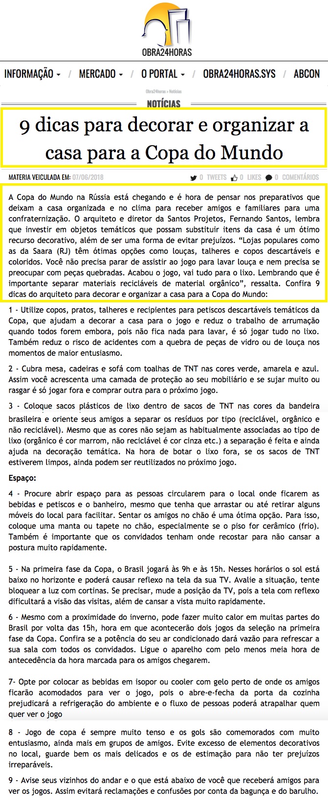 Portal Obra 24 horas – matéria 9 dicas para decorar e organizar a casa para Copa do Mundo